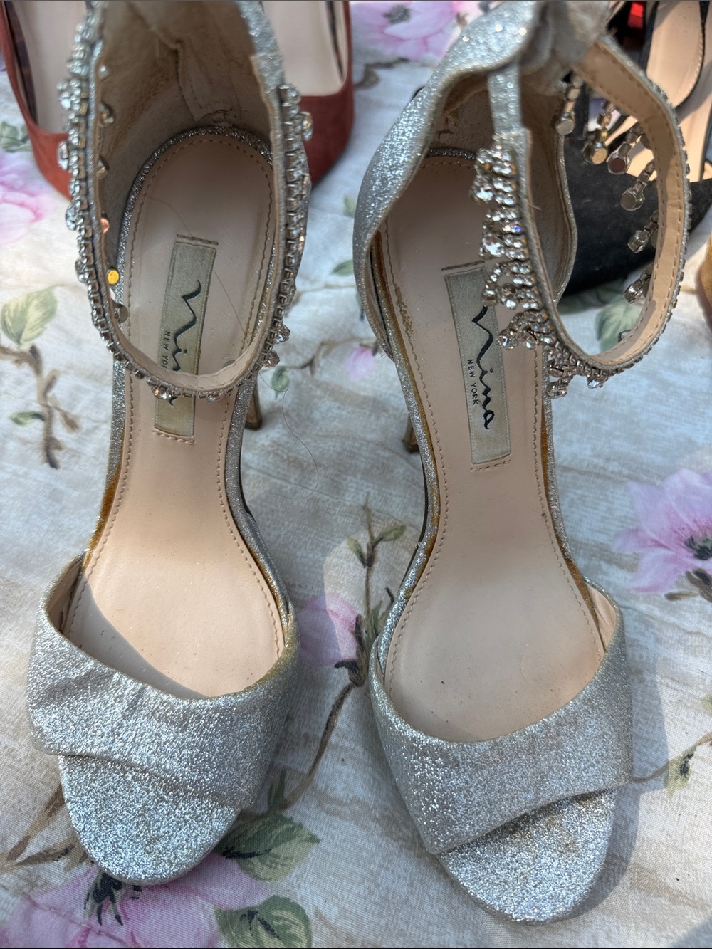 Nina Silver Glitter Open-Toe Ankle-Strap Heels with Crystal Embellishments